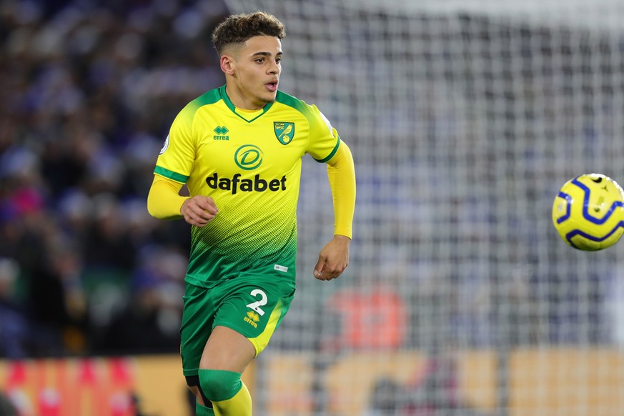 epa08071665 Norwich City&#039;s Max Aarons in action during the English Premier League soccer match between Leicester City and Norwich City at the King Power stadium in Leicester, Britain, 14 December ...