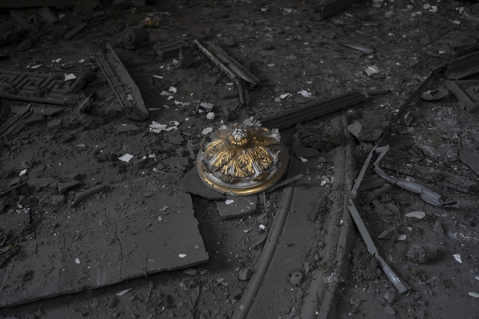 A base sits on the debris inside the Odesa Transfiguration Cathedral after it was heavily damaged in Russian missile attacks in Odesa, Ukraine, Sunday, July 23, 2023. (AP Photo/Jae C. Hong)