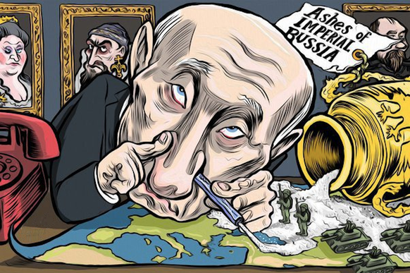 23 Karikaturen, die Putins Angriffskrieg schonungslos ehrlich beschreiben\nAuf dass er daran ersticken möge.
