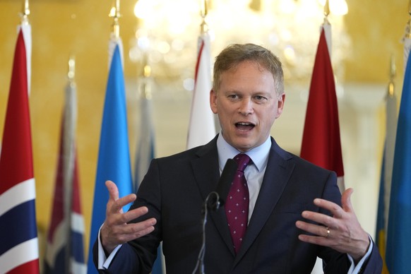 British Defense Minister Grant Shapps speaks during a press conference in London on Monday with Norwegian Defense Minister Bjorn Arild Gram and Vice Admiral Oleksii Neizhpapa of Ukraine.