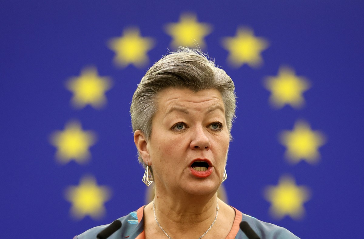 epa09871144 European Commissioner for Home Affairs Ylva Johansson delivers a speech during a debate on EU Protection of children and young people fleeing the war against Ukraine at the European Parlia ...