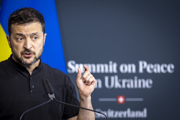 epa11415296 Ukrainian President Volodymyr Zelensky gestures during a press conference of the Summit on Peace in Ukraine in Stansstad near Lucerne, Switzerland, 16 June 2024. International heads of sta ...