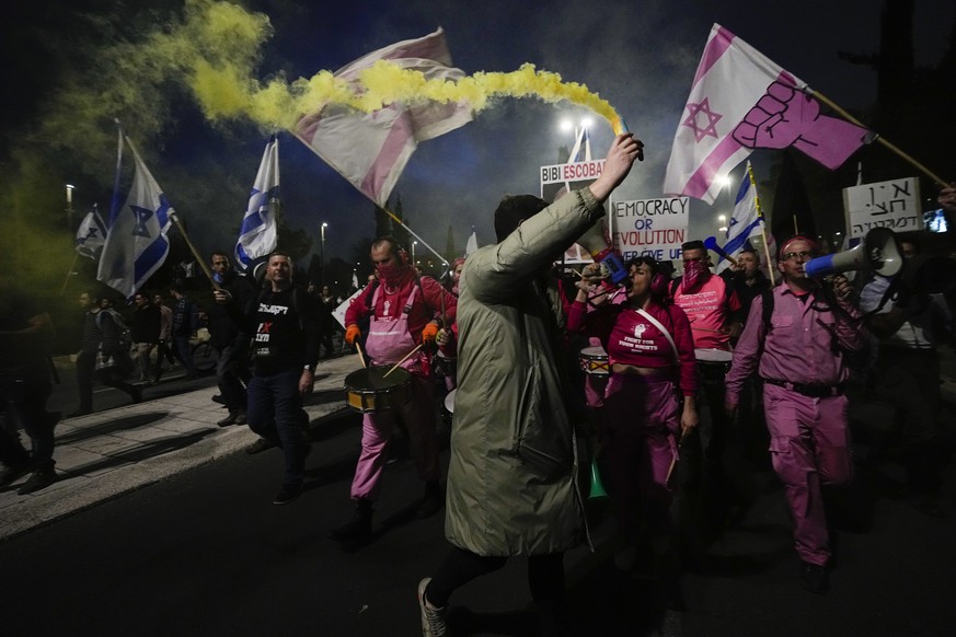 Israelis protest plans by Prime Minister Benjamin Netanyahu's new government to overhaul the judicial system, near the Knesset, Israel's parliament in Jerusalem, Monday, Feb. 20, 2023. Israel's…