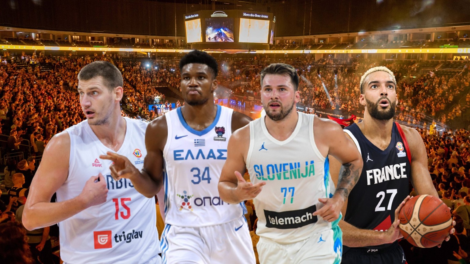 Hier wollen sie hin: Nikola Jokic, Giannis Antetokounmpo, Luka Doncic und Rudy Gobert (v. l.) in der Finalspielstätte.