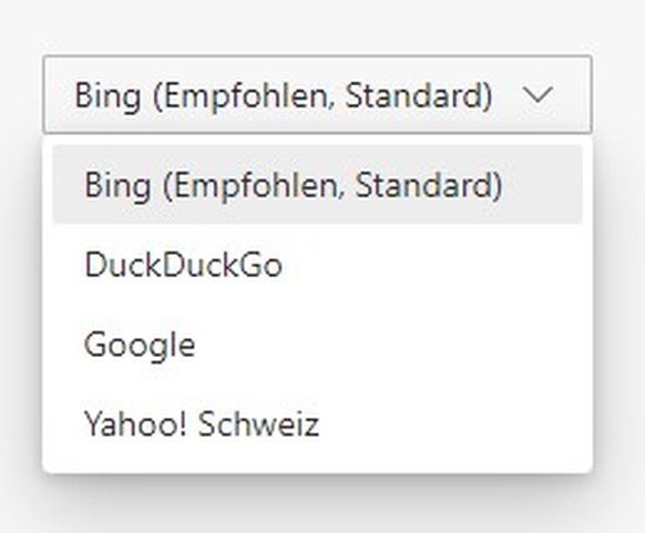 Edge stellt diese Suchmaschinen zur Auswahl. Weitere lassen sich manuell hinzufügen.