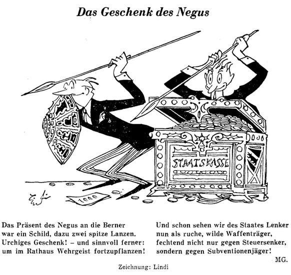 Ein gefundenes Fressen für die Medien: Die Karikatur von Lindi (Albert Lindegger) auf der Titelseite von Der Bund vom 5. Dezember 1954 thematisiert die Geschenke des Kaisers an die Stadt Bern.
https:/ ...