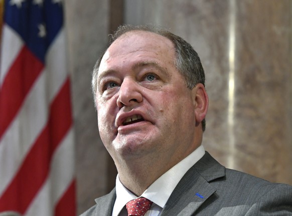 FILE - In this Jan. 3, 2017 file photo, Jeff Hoover looks up to the cheers from the gallery following his swearing in Frankfort, Ky. Kentucky&#039;s former Republican House speaker has been hospitaliz ...