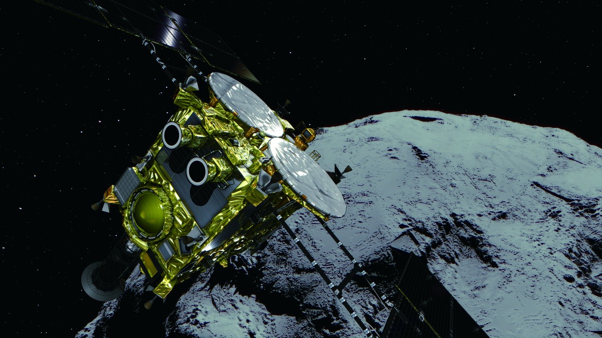 epa07386623 An undated handout artist's impression made available by Japan Aerospace Exploration Agency (JAXA) shows an illustration of JAXA's Hayabusa2 space probe approaching the Ryugu ast ...