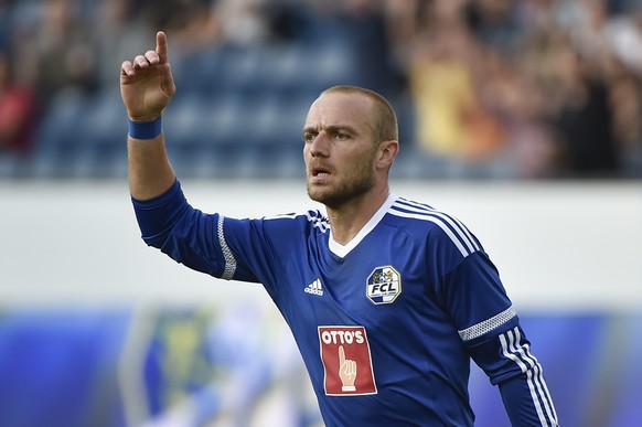 28.07.2016; Luzern; Fussball Europa League 3.Qualifikationsrunde - FC Luzern - US Sassuolo;
Torjubel Marco Schneuwly (Luzern). 1:0 in der 8. Minute
(Martin Meienberger/freshfocus)