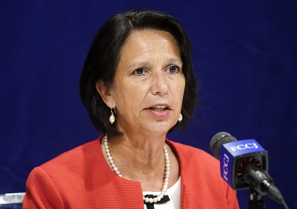 epa09232559 Christine Schraner Burgener, United Nations Special Envoy of the Secretary-General on Myanmar, speaks during a press conference at the Foreign Correspondents&#039; Club of Japan in Tokyo,  ...