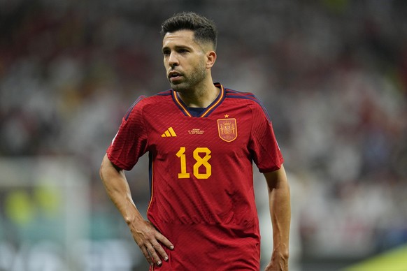 Spain&#039;s Jordi Alba stands during the World Cup group E soccer match between Spain and Germany, at the Al Bayt Stadium in Al Khor , Qatar, Sunday, Nov. 27, 2022. (AP Photo/Julio Cortez)