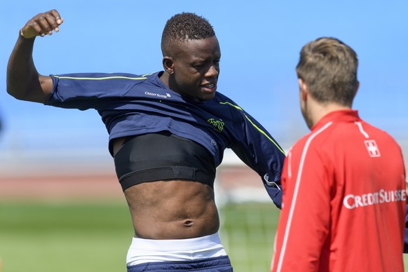 Switzerland&#039;s midfielder Denis Zakaria during a training session of the Switzerland&#039;s national soccer team at the Torpedo Stadium, in Togliatti, Russia, Thursday, June 14, 2018. The Swiss te ...