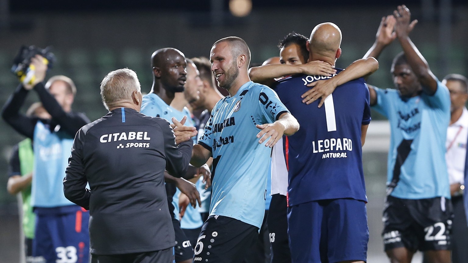 epa06953408 F91 Dudelange team celebrates after they won the UEFA Europa League third qualifying round, second leg, soccer match between F91 Dudelange and Legia Warsaw at Josy Barthel stadium in Luxem ...