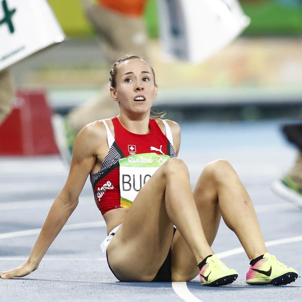 Switzerland's Selina Buechel reacts in the finish after the women's 800m semi final in the Olympic Stadium at the Rio 2016 Olympic Summer Games in Rio de Janeiro, Brazil, on Thursday, August ...