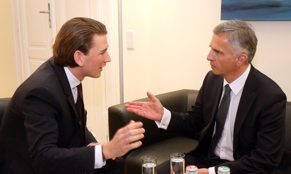 Austrian Foreign Minister Sebastian Kurz, left, meets for talks with Switzerland&#039;s Federal President Didier Burkhalter, right, in Vienna, Austria, Friday, Jan. 17, 2014. (AP Photo/Ronald Zak)