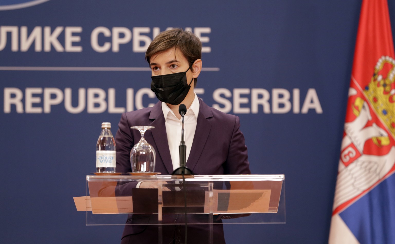 epa09000981 Serbian Prime Minister Ana Brnabic talks during the press conference with Czech Prime Minister Andrej Babis (not pictured) after their meeting in Belgrade, Serbia, 10 February 2021. Prime  ...