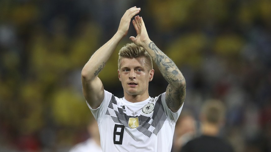 Germany&#039;s Toni Kroos celebrates at the end of the group F match between Germany and Sweden at the 2018 soccer World Cup in the Fisht Stadium in Sochi, Russia, Saturday, June 23, 2018. (AP Photo/T ...