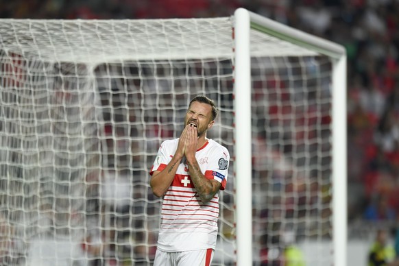 Switzerland&#039;s Haris Seferovic reacts after missing a shot during the 2018 Fifa World Cup Russia group B qualification soccer match between Portugal and Switzerland at the Estadio da Luz stadium,  ...