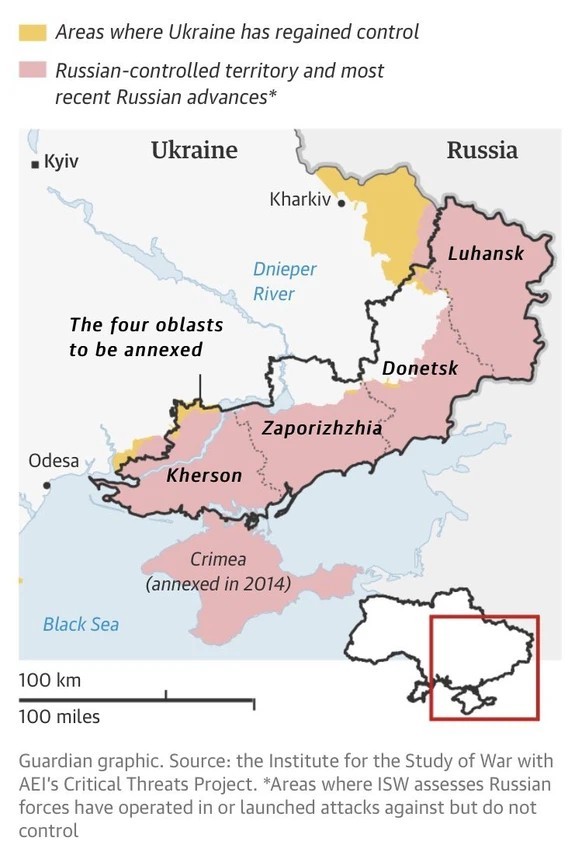 Die vier von Russland annektierten Oblaste in der Ukraine.