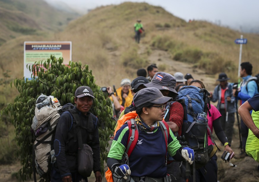 epa06919043 Local and foreign climbers walk down from Mount Rinjani during an evacuation a day after the earthquake in Lombok, West Nusa Tenggara province, Indonesia, 30 July 2018. Rescue workers atte ...