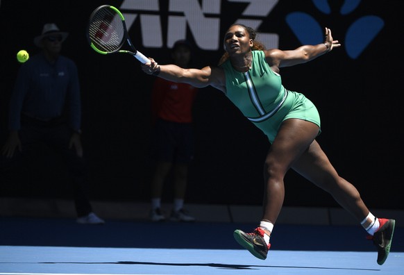United States' Serena Williams makes a forehand return to Ukraine's Dayana Yastremska during their third round match at the Australian Open tennis championships in Melbourne, Australia, Saturday, Jan. 19, 2019. (AP Photo/Andy Brownbill)