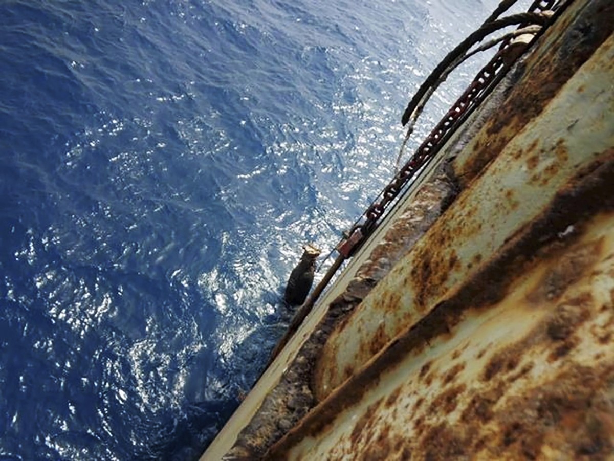 This image provided by I.R. Consilium taken in 2019, shows deterioration on the FSO Safer, moored off Ras Issa port, Yemen. Houthi rebels are blocking the United Nations from inspecting the abandoned  ...