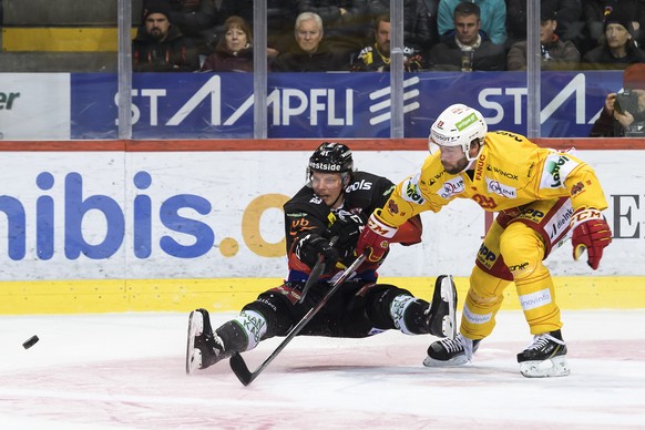 Berns Gregory Sciaroni, links, und Biels Beat Forster, rechts, kaempfen um den Puck, im fuenften Eishockey Playoff-Halbfinalspiel der National League zwischen dem SC Bern und dem EHC Biel, am Donnerst ...