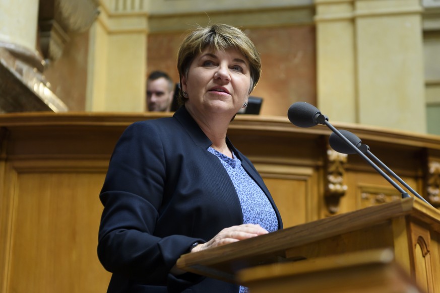 Bundesraetin Viola Amherd spricht waehrend der Wintersession der Eidgenoessischen Raete, am Montag, 16. Dezember 2019 im Nationalrat in Bern. (KEYSTONE/Anthony Anex)