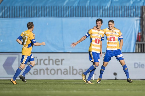 Die Luzerner jubeln nach ihrem 0:1 Tor im Fussball Meisterschaftsspiel der Super League zwischen dem Grasshopper Club Zuerich und dem FC Luzern im Letzigrund, am Sonntag, 15. Oktober 2017 in Zuerich. (KEYSTONE/Ennio Leanza)