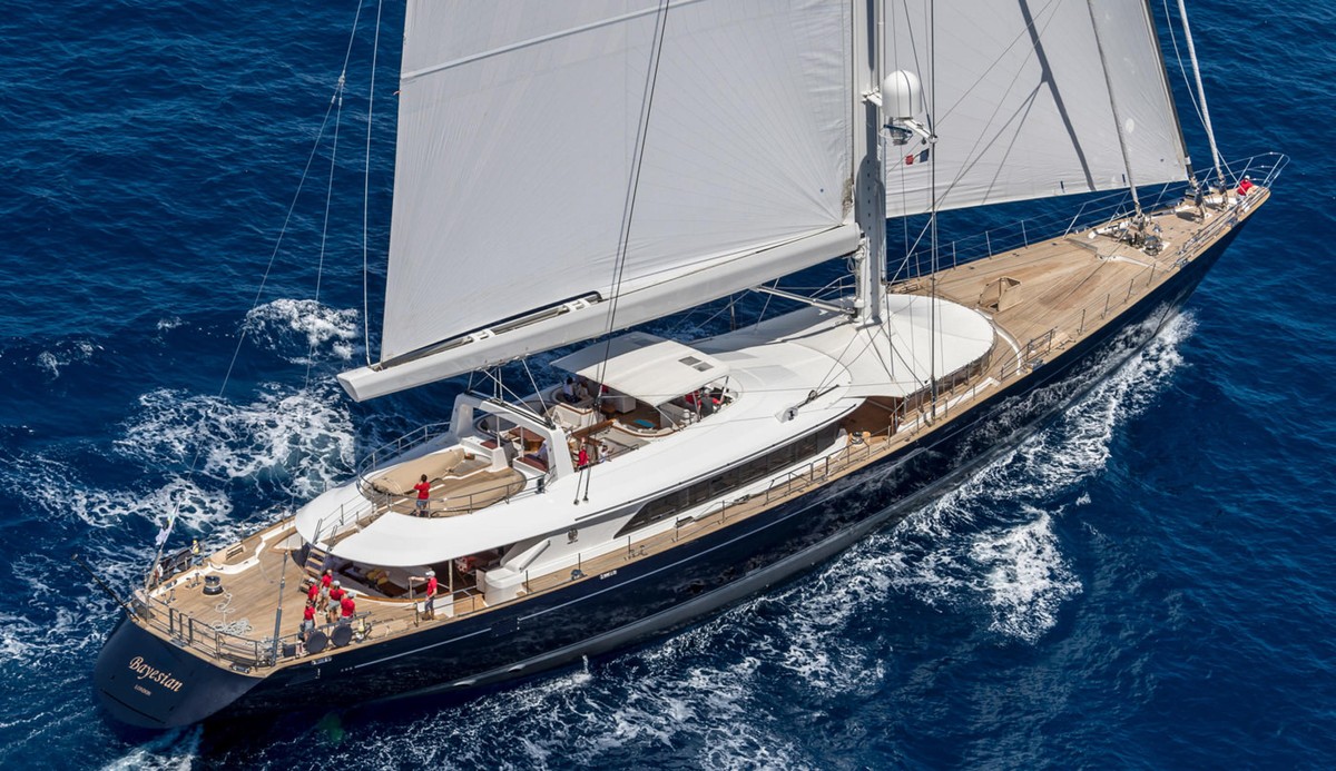 epa11555085 A handout photo made available on 19 August 2024 by Perini Navi Press Office shows the 'Bayesian' sailing boat, in Palermo, Sicily, Italy. At least one person died, six remain mi ...