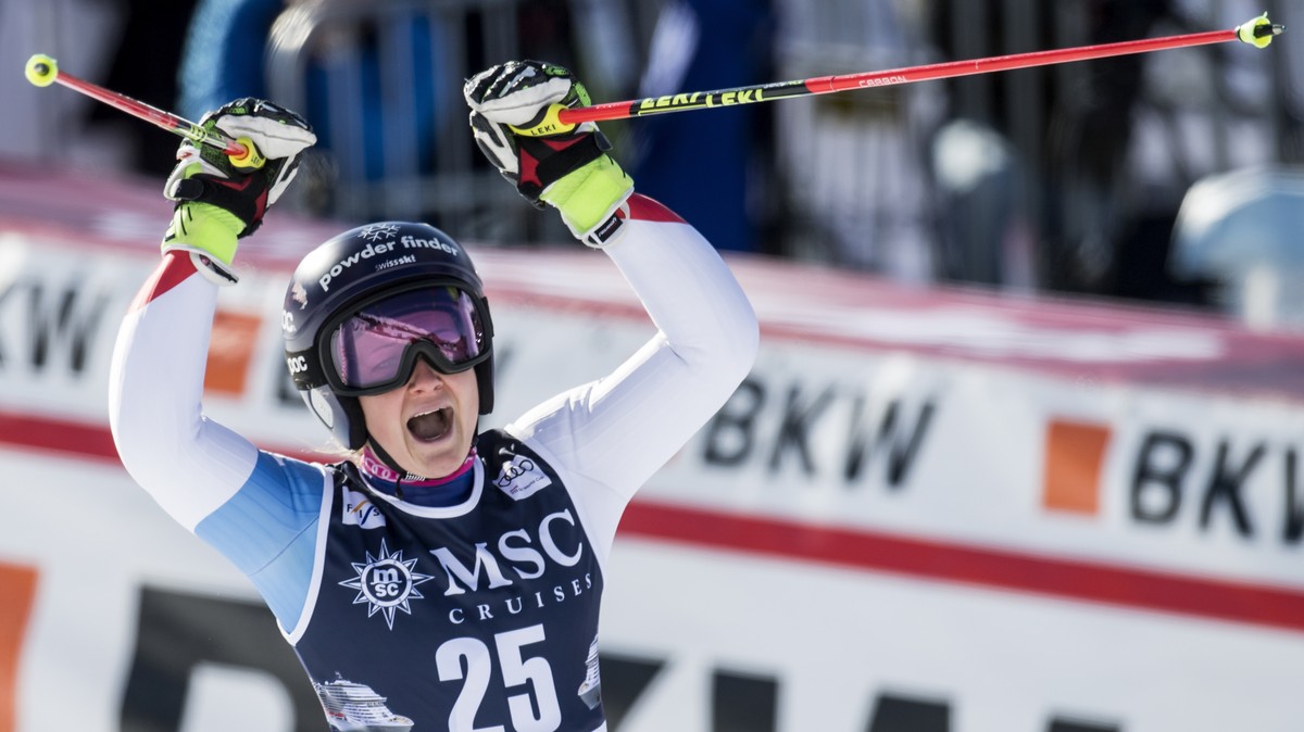 Simone Wild of Switzerland reacts in the finish area during the second run of the women's Giant-Slalom race at the Alpine Skiing FIS Ski World Cup in Lenzerheide, Switzerland, Saturday, January 2 ...