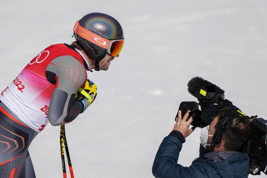 Aleksander Aamodt Kilde, of Norway, looks at the camera after finishing the men&#039;s downhill at the 2022 Winter Olympics, Monday, Feb. 7, 2022, in the Yanqing district of Beijing. (AP Photo/Mark Sc ...