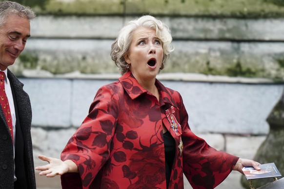 Emma Thompson and husband Greg Wise arrive ahead of the coronation ceremony of King Charles III at Westminster Abbey in London, Saturday May 6, 2023. (Jane Barlow/PA via AP)