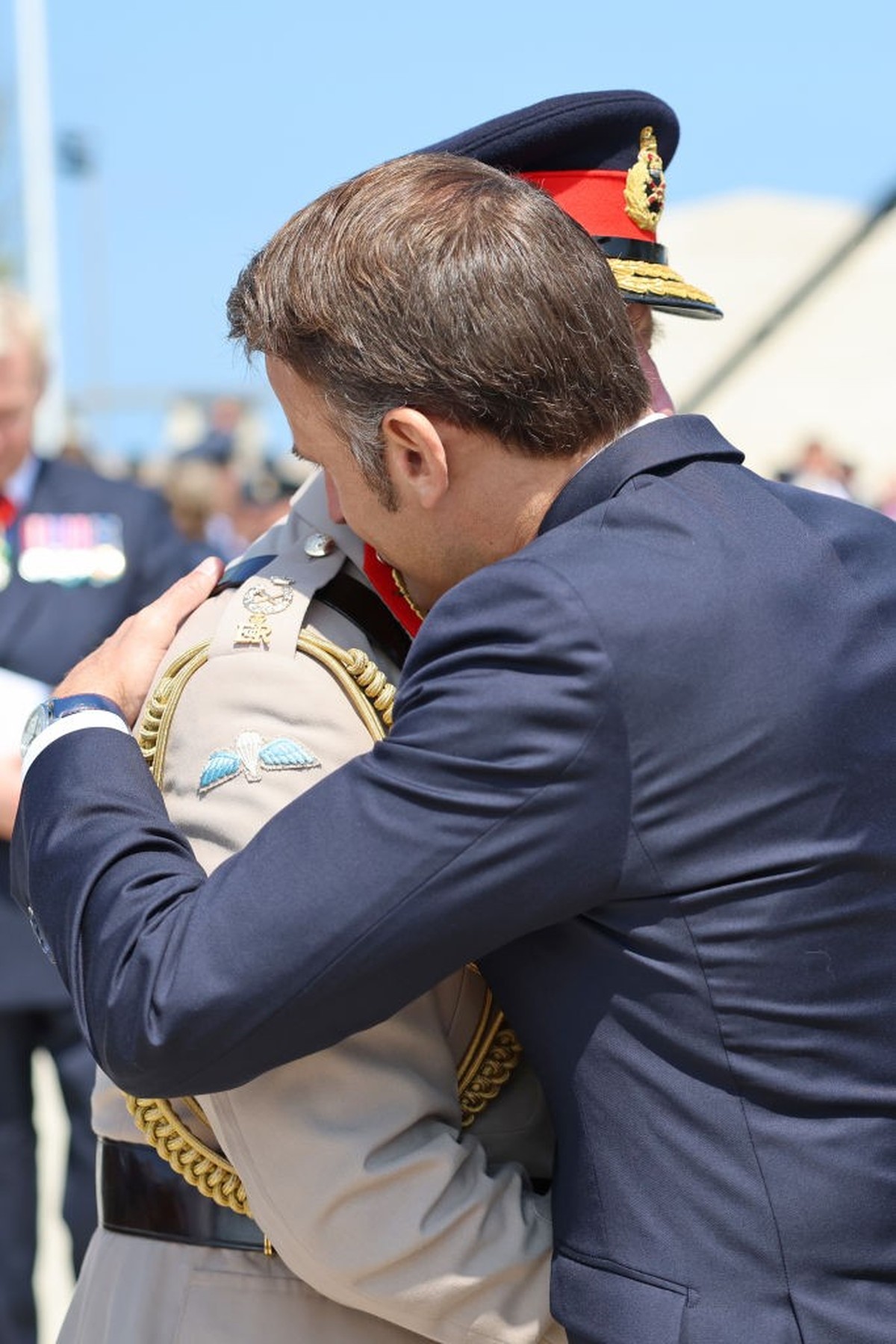 VER-SUR-MER, FRANCE - JUNE 06: King Charles III and President of France, Emmanuel Macron laugh during the UK Ministry of Defence and the Royal British Legion’s commemorative event at the British Norma ...