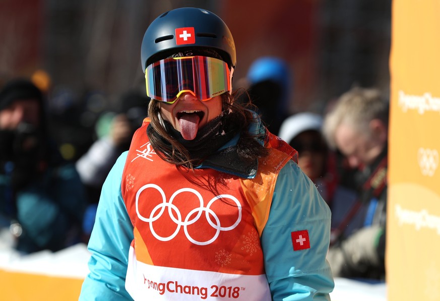 epa06534960 Sarah Hoefflin of Switzerland reacts after her final run in the Women&#039;s Freestyle Skiing Ski Slopestyle final at the Bokwang Phoenix Park during the PyeongChang 2018 Olympic Games, So ...