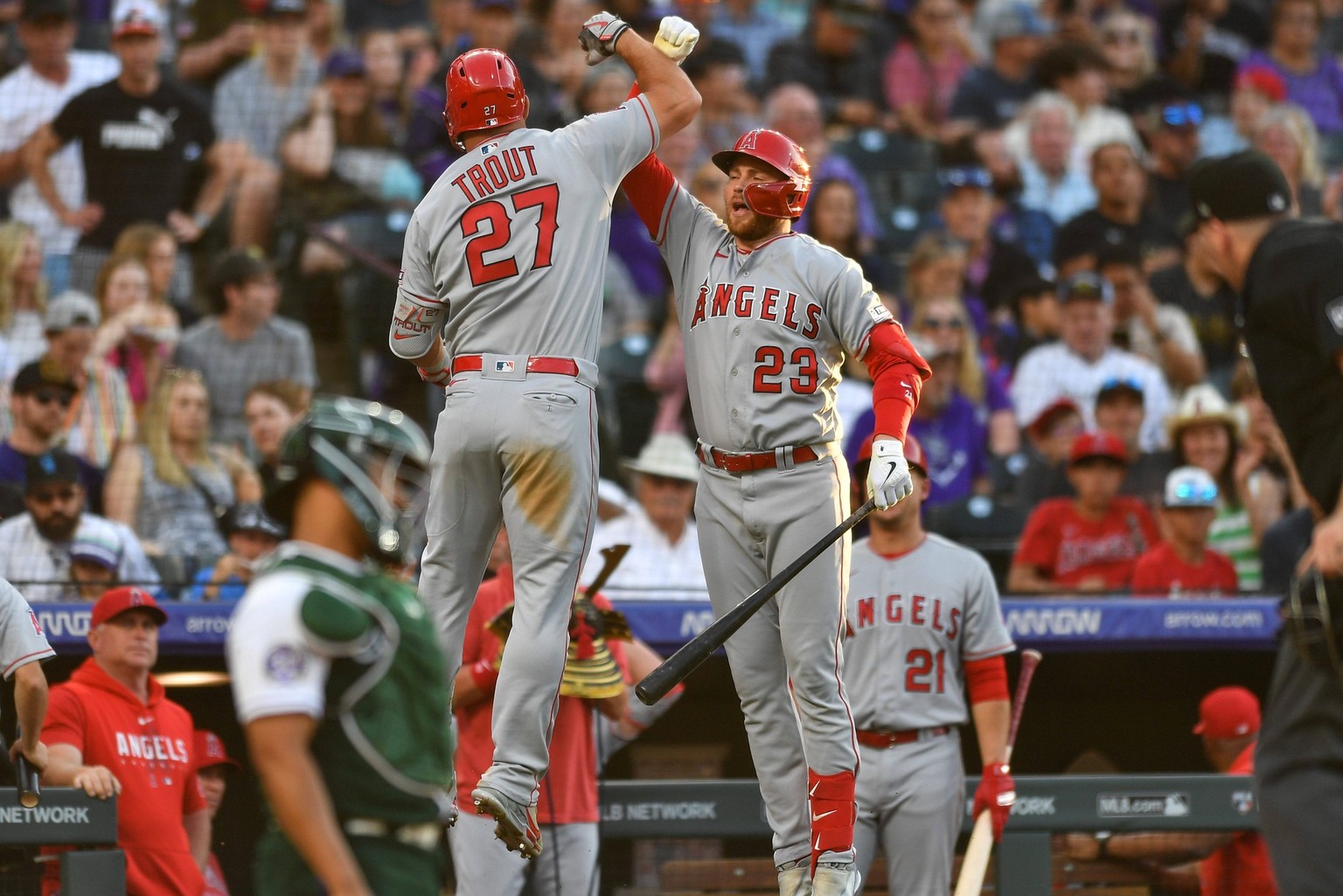 MLB, Baseball Herren, USA Los Angeles Angels at Colorado Rockies Jun 24, 2023 Denver, Colorado, USA Los Angeles Angels center fielder Mike Trout 27 celebrates his home run with Los Angeles Angels seco ...