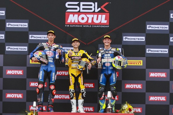 epa10947687 Spanish superbike rider Alvaro Bautista, of Aruba.IT Racing Ducati (C-1st); Turkish superbike rider Toprak Razgatlioglu, of Pata Yamaha (L-2nd); and Swiss superbike rider Dominique Aegerte ...