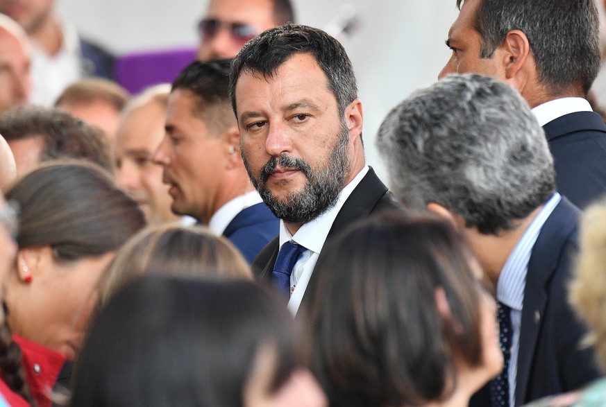 epa07773051 Italian Deputy Prime Minister and Minister of the Interior Matteo Salvini during a memorial ceremony for the victims on the first anniversary of the Morandi highway bridge collapse, in Gen ...