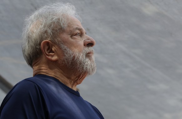 FILE - In this April 7, 2018 file photo, former Brazilian President Luiz Inacio Lula da Silva looks on before speaking to supporters outside the Metal Workers Union headquarters in Sao Bernardo do Cam ...