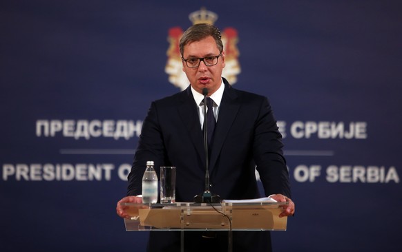 epa06932151 Serbian President Aleksandar Vucic talks during the press conference in Belgrade, Serbia, 07 August 2018. Vucic held a press conference answering questions on Serbia Kosovo relations, rece ...