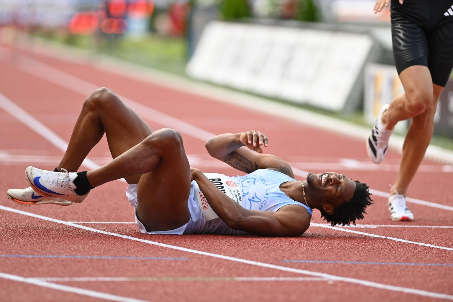 Chris Robinson of USA falls, as he competed in 400m hurdles - men at the Golden Spike Ostrava 2025 - World Athletics Continental Tour Gold, in Ostrava, Czech Republic, June 24, 2025. CTKxPhoto/Jarosla ...