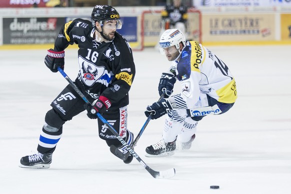 L&#039;attaquant fribourgeois Michal Birner, gauche, lutte pour le puck avec l&#039;attaquant tessinois Jeff Taffe, droite, lors du match du championnat suisse de hockey sur glace de National League e ...