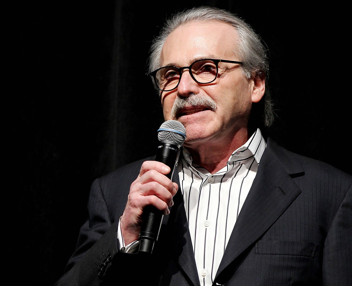 In this Jan. 31, 2014 photo, David Pecker, Chairman and CEO of American Media, addresses those attending the Shape &amp; Men's Fitness Super Bowl Party in New York. The Aug. 21, 2018 plea deal re ...