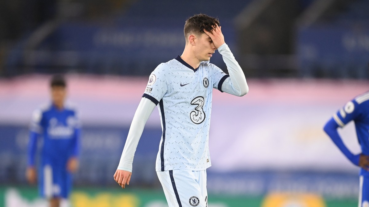 Chelsea's Kai Havertz reacts during the English Premier League soccer match between Leicester City and Chelsea at the King Power Stadium in Leicester, England, Tuesday, Jan. 19, 2021.Leicester Ci ...