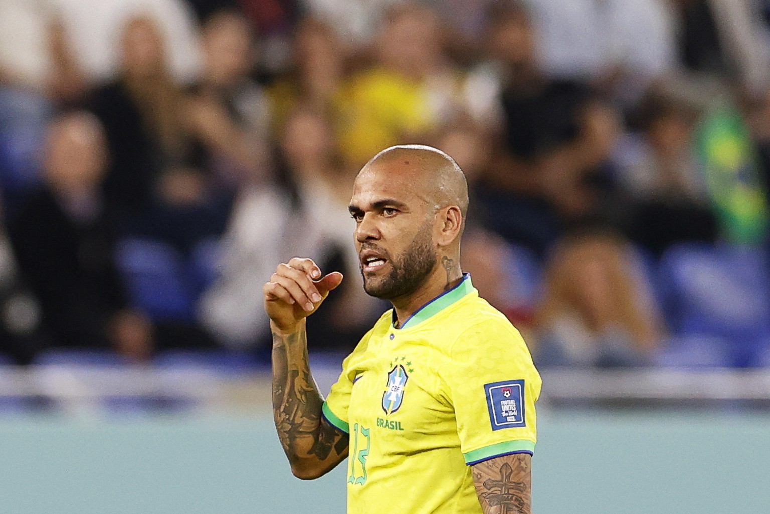 epa10350829 Dani Alves of Brazil reacts during the FIFA World Cup 2022 round of 16 soccer match between Brazil and South Korea at Stadium 974 in Doha, Qatar, 05 December 2022. EPA/Rungroj Yongrit