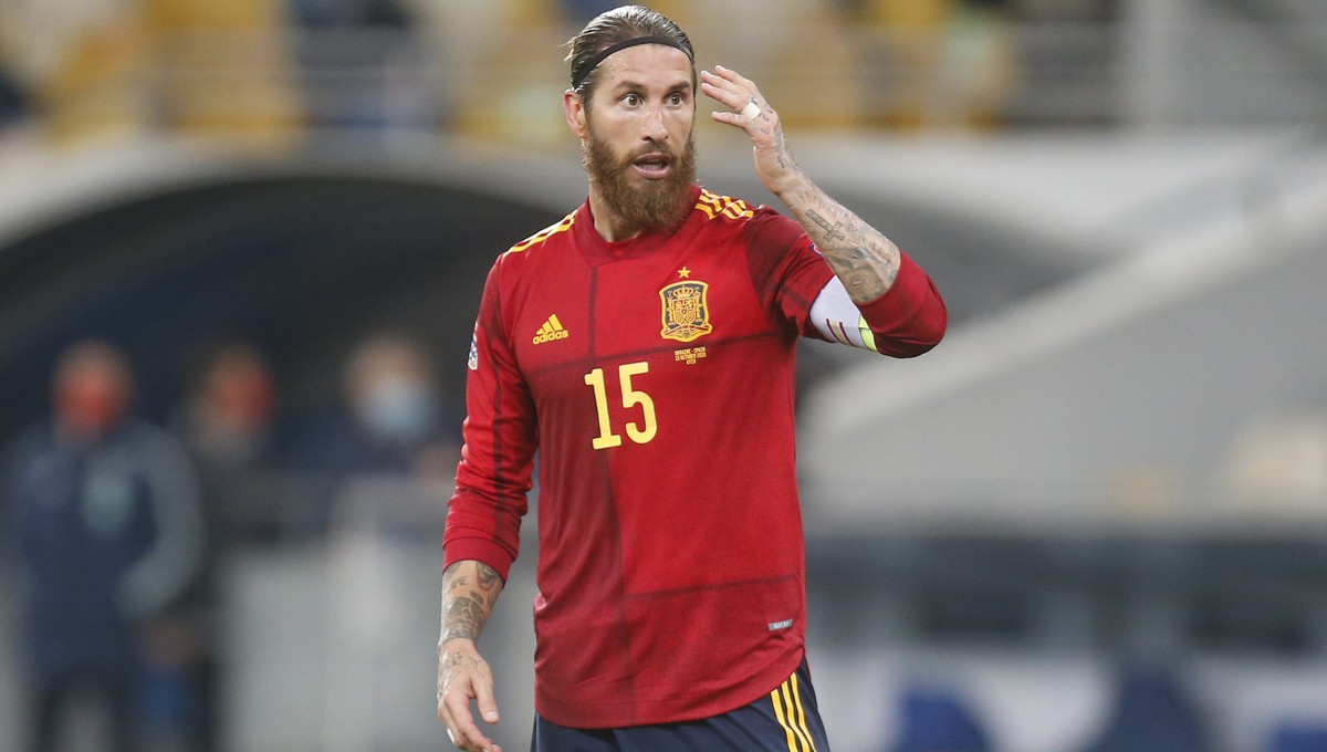 Spain's captain Sergio Ramos reacts during the UEFA Nations League soccer match between Ukraine and Spain at the Olimpiyskiy Stadium in Kyiv, Ukraine, Tuesday, Oct.13, 2020. (AP Photo/Efrem Lukat ...