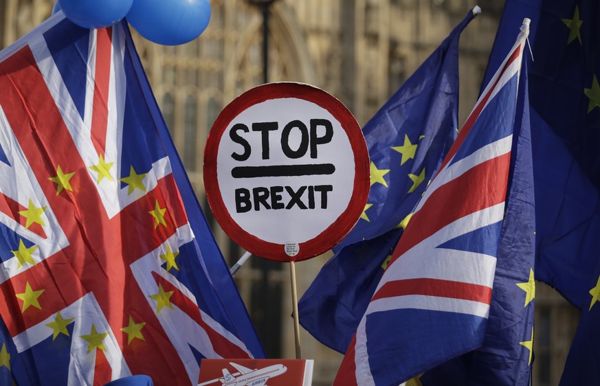 Anti-brexit supporters wave the British and EU flags in London, Tuesday, Jan. 29, 2019. With Britain&#039;s House of Commons bitterly divided on the way forward for Britain&#039;s departure from the E ...