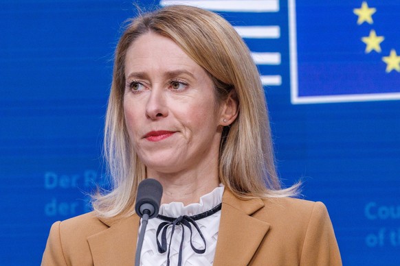 epa12562278 High Representative of the European Union for Foreign Affairs and Security Policy, Kaja Kallas, looks on during a press conference about the EU Defence Ministers Council in Brussels, Belgi ...
