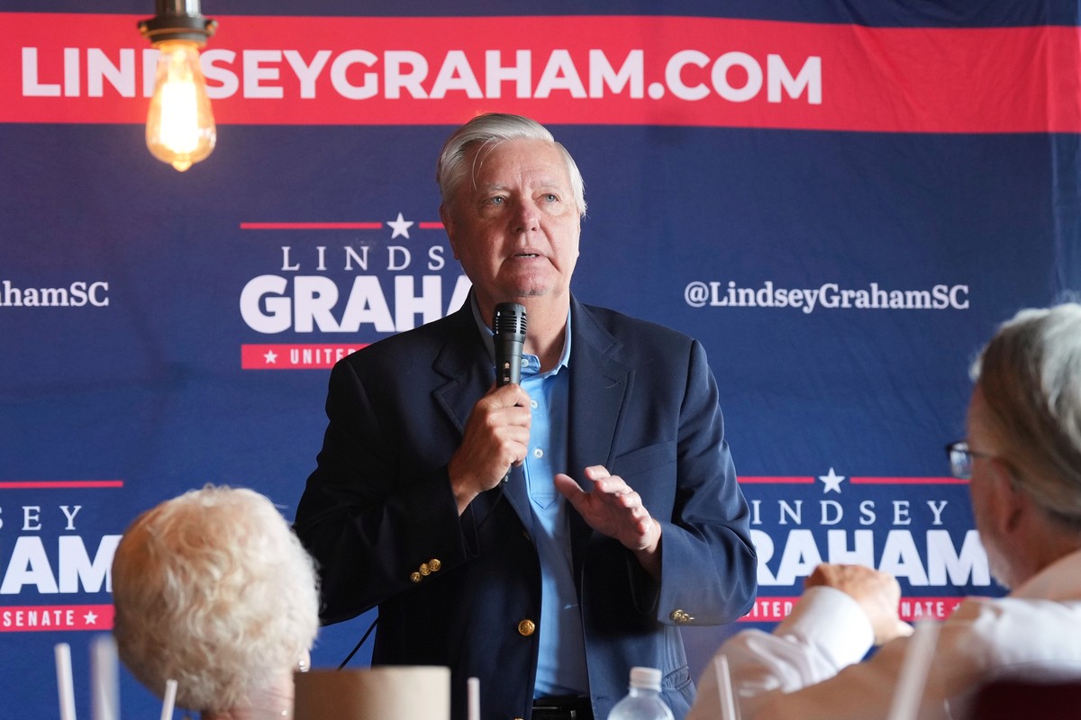 Sen. Lindsey Graham, R-S.C., speaks at a campaign event on Tuesday, Aug. 19, 2025, at Holt Bros. BBQ in Florence, S.C. (AP Photo/Meg Kinnard)
Lindsey Graham