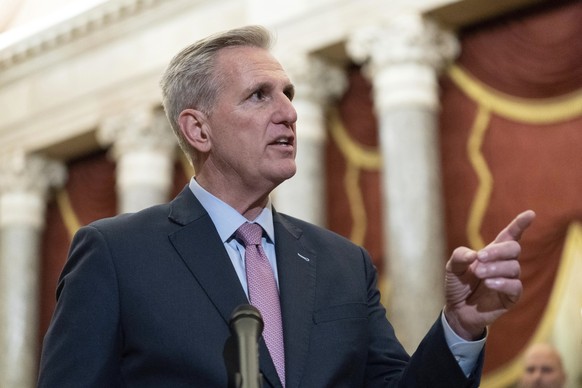 Newly-elected Speaker of the House Kevin McCarthy, R-Calif., talks to reporters after a contentious battle to lead the GOP majority in the 118th Congress, at the Capitol in Washington, Saturday, Jan.  ...